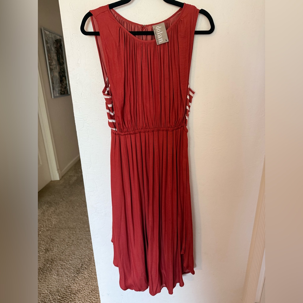 Burnt Orange Sleeveless Silk Midi Dress With Attached Striped Underlay